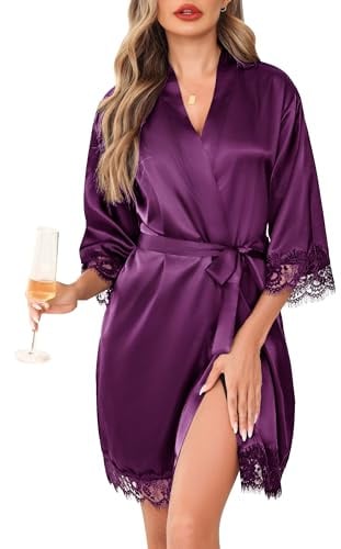 Lovasy Kimono Raso da Donna in Pizzo Accappatoi e Vestito da Sposa Camicia da Notte Abito Satin Sexy Pigiama in Raso Scollo V