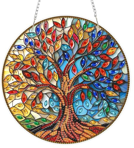 AIRDEA Glasmalerei Lebensbaum Diamond Painting Fensterbilder, 5D Brillante Bunte Blätter Diamond Painting Fensterbilder Beidseitig, Bausätze für Diamantmalerei Suncatcher Erwachsene