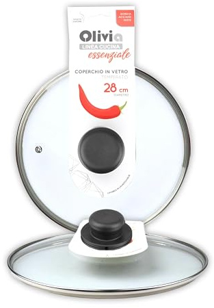IPEA Coperchio per Padella o Pentola in Vetro Temperato - 18/20 / 22/24 / 26/28 / 30/32 cm - Trasparente Rotondo Universale con Pomello per Pentole e Cucina - Lavabile Lavastoviglie - 28 CM