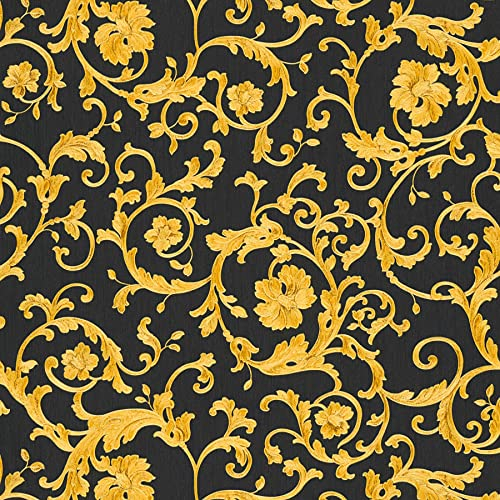 VERSACE WALLPAPER Vliestapete Butterfly Barocco Luxustapete mit Ornamenten barock 10,05 m x 0,70 m gelb metallic schwarz Made in Germany 343262 34326-2