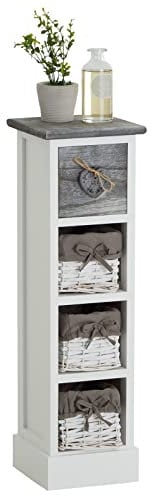 IDIMEX Chiffonnier Flower Petit Meuble avec 1 tiroir et 3 paniers étagère en Bois de Paulownia Blanc et Gris, Style Shabby Chic Vintage Rustique Romantique