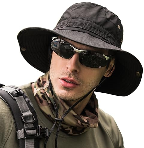 WANYIG UPF 50 + Sonnenhut Herren UV Schutz Fischerhut Safari Hut Faltbar Sommer Wasserdicht Outdoor BuschhutWanderhut Gartenhut Boonie Hut(Schwarz)