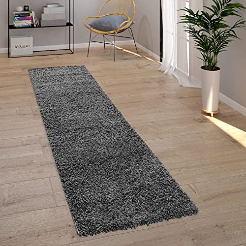 Paco Home Teppich Wohnzimmer, Schlafzimmer/Hochflor Shaggy in versch. Designs Farben und Größen, Grösse:70x250 cm, Farbe:Anthrazit 7