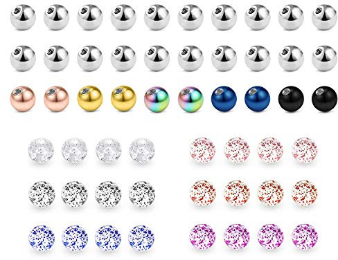 Zolure 16 Gauge Chirurgenstahl & Bioflex Glitzer Kugeln Set für Lippenpiercing, Hufeisen, Augenbrauen, Ohrstecker, Barbell - 54 Stück