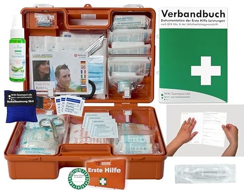 Verbandskoffer/Verbandskasten (M) Typ CN - Erste Hilfe nach aktueller DIN 13157 für Betriebe -DSGVO- INKL. PERFORIERTEM VERBANDBUCH + Hygiene-Gel & Notfallbeatmungshilfe