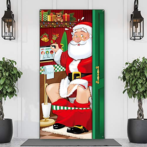 Weihnachtsfeier-Dekoration, lustige Toilettentürabdeckung, Weihnachtsmann, aus Stoff, Toilettenhintergrund, Weihnachtsmann, Banner für Weihnachtstürdekoration, 70,9 x 35,4 Zoll