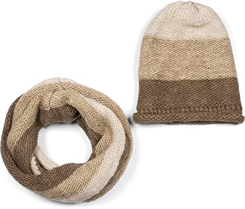 styleBREAKER Unisex Strick Loop Schal und Mütze Set mit Streifen Muster, Strickschal mit Beanie Strickmütze, Winter 01018215, Farbe:Braun-Beige