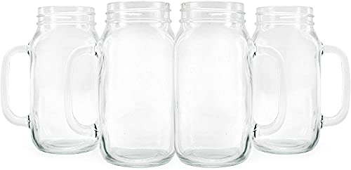 Darware Mason Jar Mugs with Handles (24oz, Clear, 4-Pack); Glass Drinking Glasses for Cold Beverages, Decoration, Storage, Party Favors, Cocktails, Floats