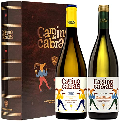 CAMINO DE CABRAS Estuche Vino Regalo Gourmet – Vino Blanco Ribeiro + Vino Godello Valdeorras – Regalos Originales para Mujer & Hombre – Vino para Regalar - Pack Vino 2 Botellas de Vino x 750 ml