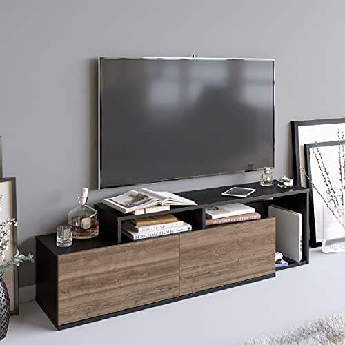 Hanah Home Modern TV Stand with Wall-Mount Option, Black & Walnut, 149.8 cm | 100% Melamine Coated Particle Board, 18 mm Thick | Stylish Design with Multiple Shelves