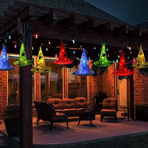8 PCS hängender Hexenhut mit ferngesteuerten batteriebetriebenen String Lichtern, wasserdichte Halloween Dekoration Lichter im Freien, beleuchtete Spinnenhüte für vordere Veranda, Garten,Party Dekor