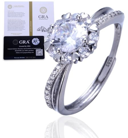 Halukakah Sterlingsilber Damen Diamantring mit 1 Karat Moissanitstein und Zertifikat, 1,0 ct Eleganter Schmuck für Verlobungen, Feiern und Geburtstage, Verstellbare Größe - Liebesballett