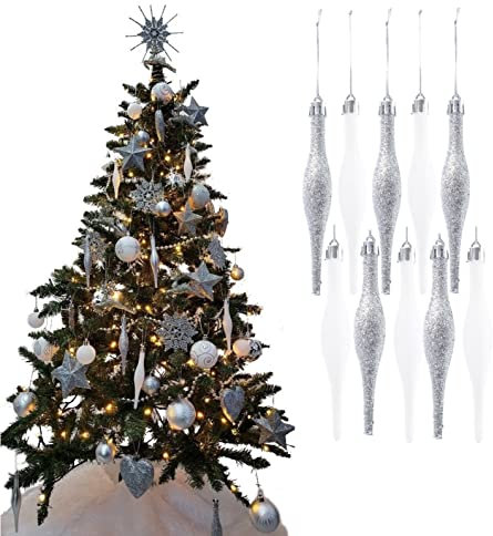 Simply Products 10 Droplet Baubles - Great Christmas Tree Decoration, Matte & Glitter Icicle Baubles (Silver & White Glitter)