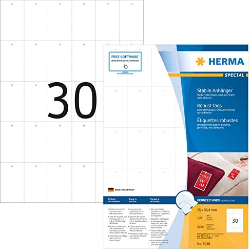 HERMA 8046 Stabile Anhänger perforiert, 1400 Blatt, 35 x 59,4 mm, 30 pro A4 Bogen, 42000 Stück, bedruckbar, matt, blanko Preisanhänger Produktanhänger aus Papier/Folie/Papier-Verbund, weiß