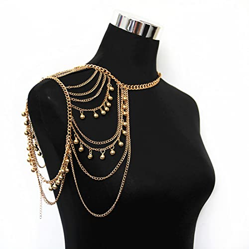 Bramian Gold Mehrschichtiges Quasten-Kugel-Schulterkettengeschirr Strand-Arm-BH-Körperkette für Frauen und Mädchen