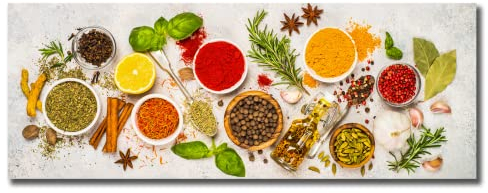 Küchenbild Herbs & Spices 30 x 80 x 0,4 cm I Glasbild | Löffel frische Kräuter & Gewürze | Olivenöl Zimt Pfeffer Curry Zitrone Rosmarin Knoblauch I Bild auf Glas I Küche Esszimmer | Home Deko XXL