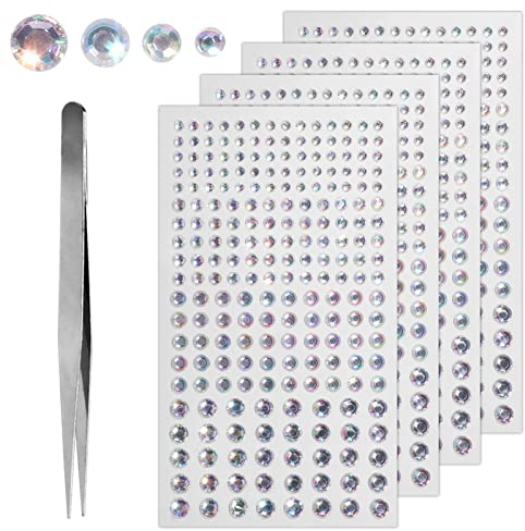 Glitzersteine Selbstklebend - Vaktop 4 Blätter Strasssteine Selbstklebend, Acryl Schmucksteine Aufkleber, AB Glitzersteine Gesicht mit Pinzette - für DIY Handwerke, Nägel Deko (Dia 3-6mm)