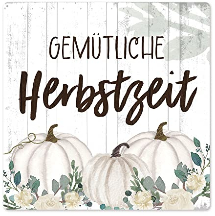 Interluxe Schild Metallschild 20x20cm - Gemütliche Herbstzeit - Herbst Herbstdeko Herbstschild weißer Kürbis Baby Boo Pumpkin Landhaus scandi