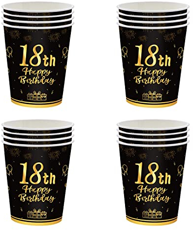 Happy 18th Birthday Paper Cups - Black and Gold 16Pc Disposable Tableware for Party Decorations - Supplies for Girls, Boys, Kids, Him, Her - Table Decor