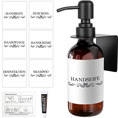 Seifenspender Wandbefestigung ohne Bohren, Glas Seifenspender Selbstklebende mit Edelstahl-Pumpenhalter Wasserdichten Etiketten Kleber, 250ml Shampoo Spender Duschgel Spülmittelspender für Küche Bad