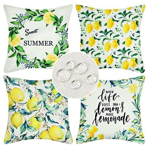 4er Set Kissenbezüge Zitrone Sommer Obst Dekorative Kissenhülle Outdoor Wasserdichte Leinen Zierkissenbezüge Tropische Pflanzen Grüne Blätter für Sofa Balkon Terrasse Patio Garten Außen 40x40cm