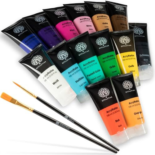 OfficeTree Juego de 14 pinturas acrílicas por tubo de 100 ml, base de agua, juego de pintura acrílica para piedras, 14 colores en tubos para pintura acrílica, suministros de manualidades y artistas