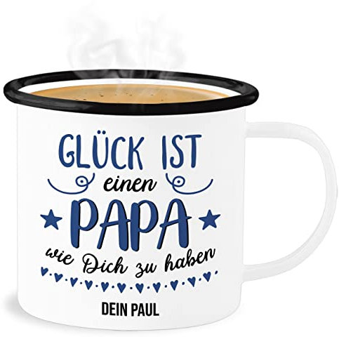 Emaille Becher Blechbecher - zum - Glück ist einen Papa wie Dich zu haben I Papa Geschenk Vatertag - 300 ml - Weiß Schwarz - tasse vatertagsgeschenk vater es tassen für vatertagsgeschenke als