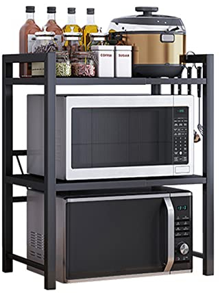 NAIMP 3 Tiers Expandable Microwave Oven Rack with 6 Hooks, Microwave Shelf Stand for Kitchen, Carbon Steel Kitchen Shelf Countertop Storage Organiser for Pots Pans Rice Cooker Black