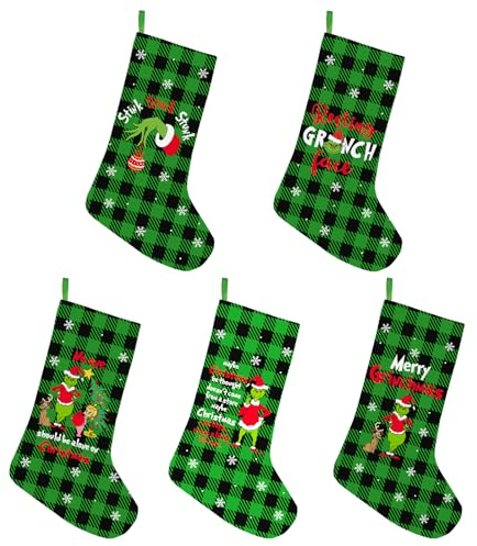 5 Stück Grinches Weihnachts Strümpfe, Großer Grinchs Strumpf, Lustige Whoville Weihnachts Dekoration, Party Dekoration für die Feiertage, Weihnachts Baumschmuck für den Kamin, Weihnachts Geschenke