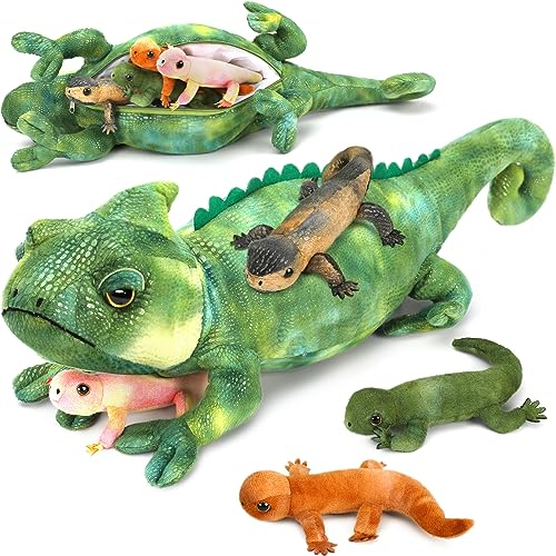 MorisMos 68cm lang Riesen Eidechse Kuscheltier mit 4 Babys im Bauch, Grün Groß PlüschEidechse Kuscheltiere XXL, eidechsen Flauschiger Stofftier Plüschtier Lizard Teddys Jungen Gebutstag Geschenk