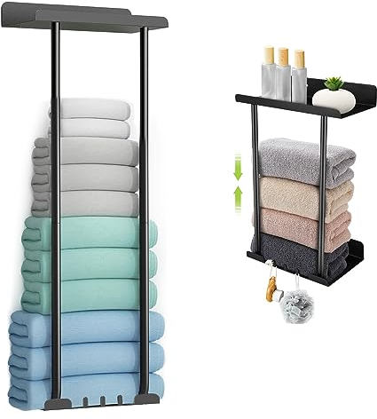 Altueey Towel Racks for Bathroom, Towel Rack Wall Mounted with Shelf and 3 Hooks, Adjustable 41-75 CM Bathroom Towel Holder Towel Storage Shelf for Rolled Towels, Towel Rails for Bathroom, Black