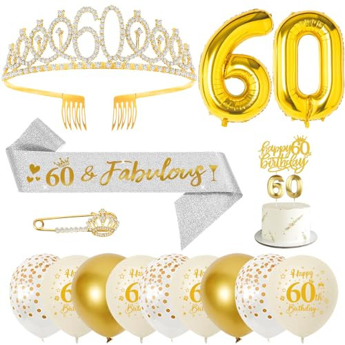 60. Geburtstag Frauen Schärpe und Krone/Tiara, Zahlen Luftballon, Konfetti Luftballons, Geburtstagskerzen, Happy Birthday Tortendeko für Frauen Geburtstagsdeko