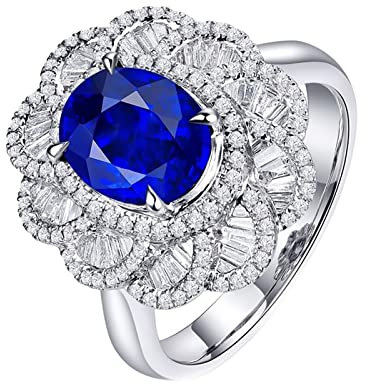Eheringe Weissgold 750, Verlobungsring Frau Cluster Blume 4 Prong Labor Geschaffener Saphir 2.82ct Ovale Form Blau Trauringe Größe 54 (17.2)