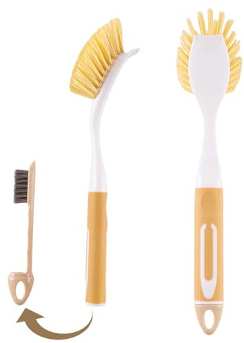 SAYAPE Spülbürste mit abnehmbarer kleiner Edelstahl-Drahtbürste und Pfannenschaber, Küchenscheuerbürsten mit langem Griff für Haushaltsreinigung, Geschirr, Töpfe, Herd, Grill, Spülbeckenschrubber