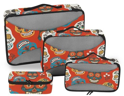 Reise-Verpackungswürfel für Koffer, Dia De Los Muertos, Tag der Toten, Totenkopf, Reise-Organizer, Gepäck, Packwürfel, 4 Stück, Kompressionsbeutel, leichtes Set