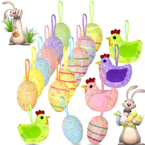 12 Ostereier-Ornamente und 3 x Henne-Hängeornamente, bunte Schaumstoff-Ostereier, hochwertiger Schaumstoff-Glitzer, künstliche Eier, Osterbaumschmuck, Zuhause, Party, Basteln