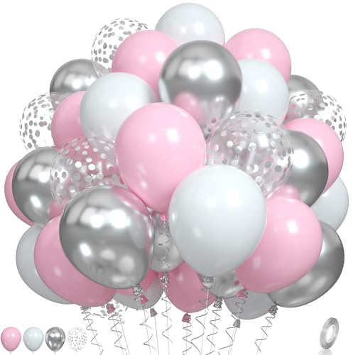 Globos de rosa y plata, globos de color blancos en pastel rosa globos plateados metálicos globos de fiesta rosa blancos macarroso globos de confeti plateado para niñas