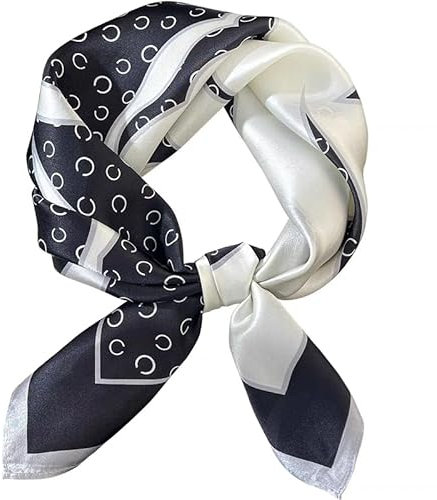 GIMIRO Schal aus imitierter Seide [53 x 53cm] Quadratische Schals Elegantes Damen Seidentuch Schwarz-Weiß Rosen-Design mit C-Muster (Black - Camellia)
