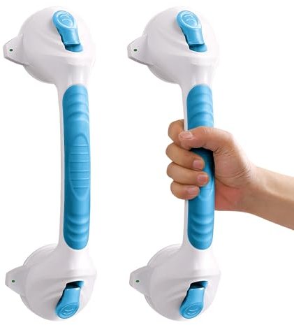Casgee 2 Stück Haltegriff Dusche ohne bohren, 38cm Haltegriffe für Senioren, Haltegriff mit Saugnapf bis 110KG, Badewannengriff mit Saugwarnung, Portable Mobiler Duschgriff, WC Rutschfreier, Blau