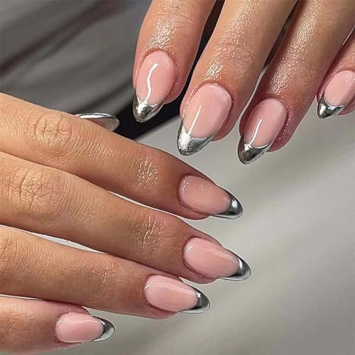 24Pcs Almond False Nails - French Tip False Nail - Light Pink Almond Press on Nails - Medium Length Glossy Full Cover Glue on Nails - DIY Arts for Women (Sliver French Style)