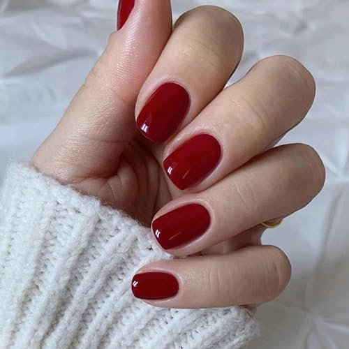 MrCuvaryas Press on Nails Kurz, Square Nägel zum Aufkleben Fake Nails Künstliche Fingernägel mit Nagelkleber, Glossy Einfarbige Kunstnägel zum Aufkleben NailTips für Frauen (Red, 24pcs)