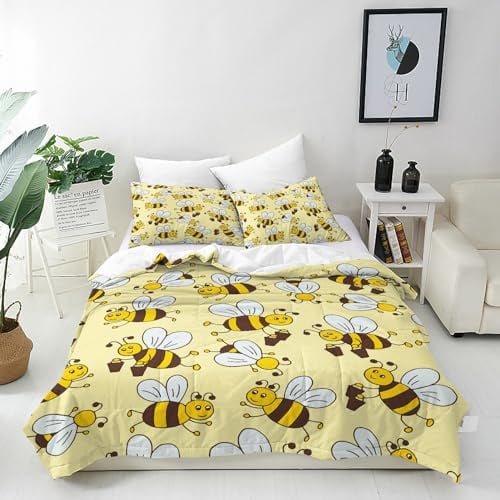ANHOPE Nette Cartoon Tier Biene Bettwäsche Set 2 Teilig Bettbezug 140x200 cm + Kissenbezug 80x80 cm Weich Microfaser Bettbezüge Set mit Reißverschluss Bettdeckenbezug für Kinder Jungen Mädchen