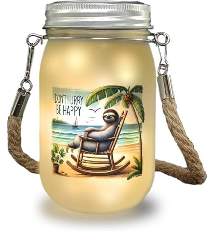 Faultier am Strand Solarlicht mit Spruch Don't hurry - be happy Dont hurry be happy Tropisches Faultier entspannt im Schaukelstuhl - Glücklich am Strand