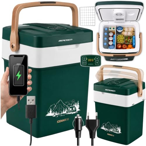 Berdsen Kühlbox Auto Camping Kühlschrank Für Auto LKW Boot Elektrisch Kühlung Bis 18°C Unter Umgebungstemperatur Mit Wärmefunktion Bis 65°C 12V 230V Energiesparend Grün 29L