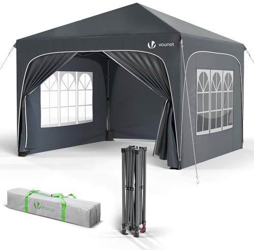 VOUNOT® Tonnelle de Jardin 3x3m Tente Pliable Imperméable avec Parois Anti UV Chapiteau de Jardin Exterieur Hauteur Réglable avec Sac de Transport pour Camping Festival Plage Jardins Gris