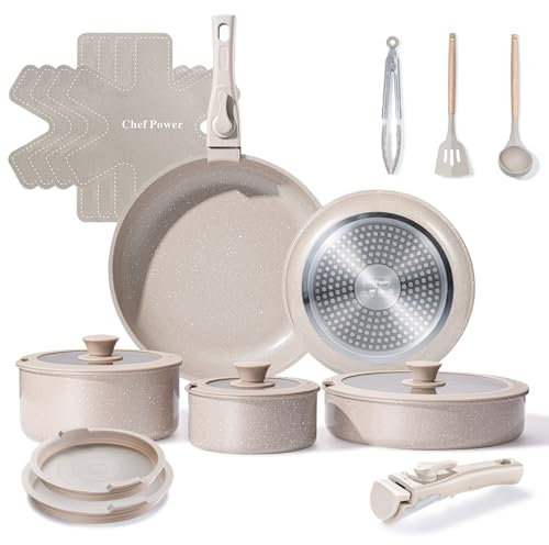 Chef Power Ceramic Nonstick Pots and Pans Set 19 Piece with Detachable Handle, Induction Dishwasher Oven Safe Cookware Set, RV Kitchen Set Removable Handle, Mocca Taupe