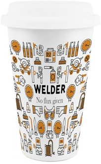 Purely Home Welder Ceramic Travel Mug - Novelty Welding Tradesman Gifts/Presents - Reusable Silicone Lid Double-Walled Insulated Drinks Flask Cup