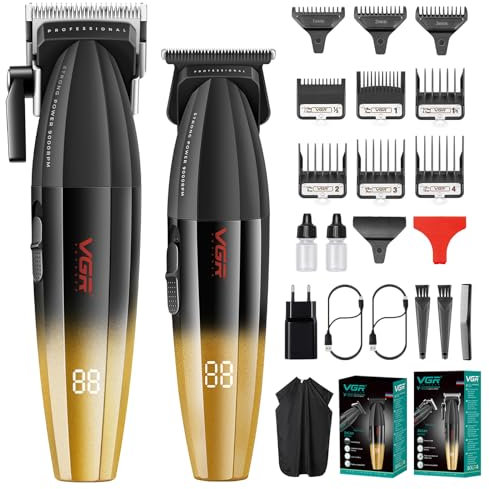 VGR Haarschneidemaschine Set für Herren Professioneller Haarschneider Haartrimme Kit Barber Friseur Pflegeset Zero Gap T-Blade Trimmer mit 9 Führungskämmen für Haare, Bart, Konturenstyling