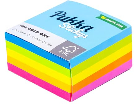 Pukka Pad Stickys – Square Bright Sticky Note Cube – Self-Adhesive and Easy to Reposition for Office Memos, Study Reminders, and Personal Appointments – 400 Sheets of 70GSM Paper – 76 x 76mm