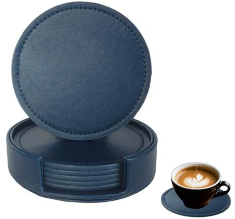 Bdfgh Set of 6 Leather Coasters with 1 Holder for Drinks, Drink Coasters Table Coaster Room/Kitchen/Living Room Accessories, for Cups Mugs Housewarming Gifts Home Decoration Green Navy Black (Navy)